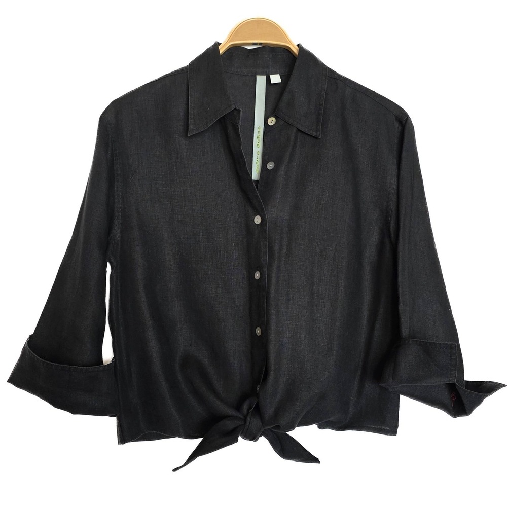 Debra deRoo Black Linen Top M Cropped Tie Front Relaxed‎ Lagenlook